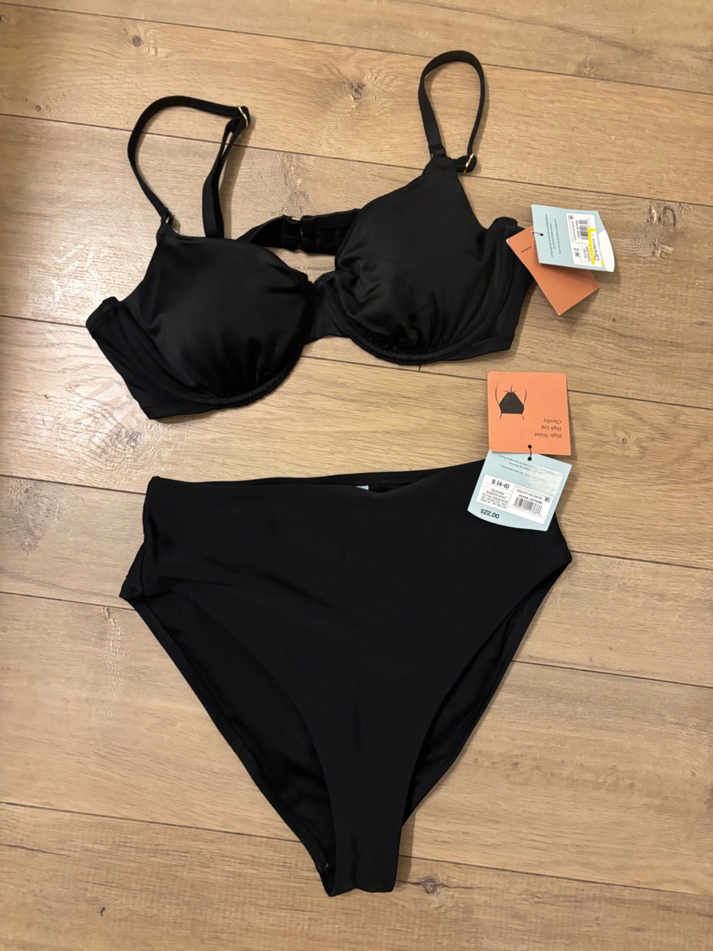 Shade & Shore Black Bikini Set 36C Top High-Leg High-Waist Bikini Bottoms Small